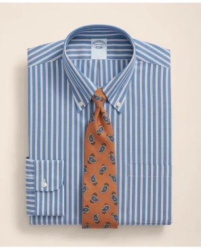 Brooks Brothers Stretch Supima Cotton Non-iron Pinpoint Oxford Polo Button Down Collar, Track Stripe Dress Shirt In Bright Blue