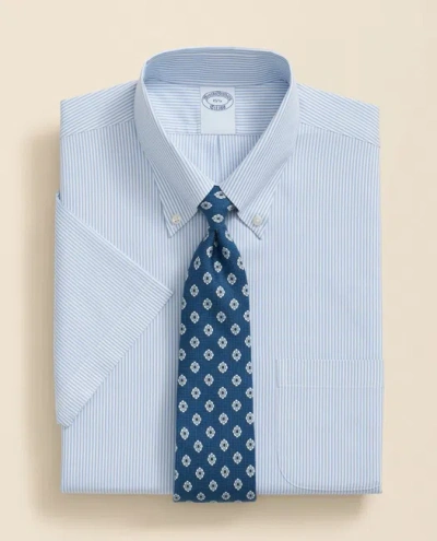 Brooks Brothers Stretch Supima Cotton Non-iron Polo Button Down Collar, Mini Stripe Short-sleeve Dress Shirt In Hydrangea
