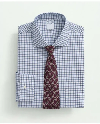 Brooks Brothers Stretch Supima Cotton Non-iron Poplin English Spread Collar, Double Windowpane Dress Shirt In Blue
