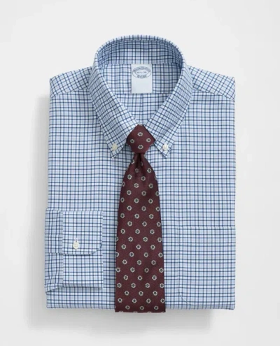 Brooks Brothers Stretch Supima Cotton Non-iron Twill Polo Button Down Collar, Bold Check Dress Shirt In Navy