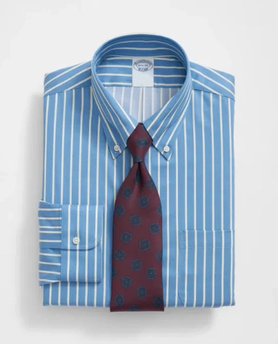 Brooks Brothers Stretch Supima Cotton Non-iron Twill Polo Button Down Collar, Ground Stripe Dress Shirt In Blue