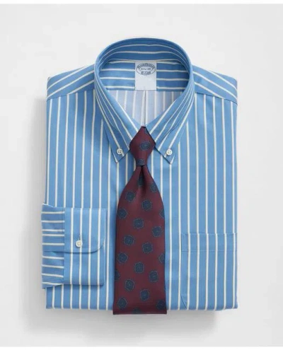 Brooks Brothers Stretch Supima Cotton Non-iron Twill Polo Button Down Collar, Ground Stripe Dress Shirt In Blue