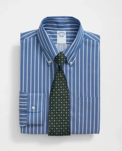 BROOKS BROTHERS STRETCH SUPIMA COTTON NON-IRON TWILL POLO BUTTON DOWN COLLAR, GROUND STRIPE DRESS SHIRT