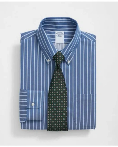 Brooks Brothers Stretch Supima Cotton Non-iron Twill Polo Button Down Collar, Ground Stripe Dress Shirt In Navy