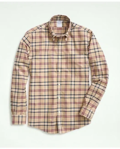 Brooks Brothers Stretch Supima Cotton Non-iron Twill Polo Button Down Collar, Tartan Shirt In Beige