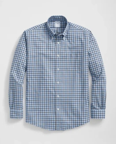 Brooks Brothers Stretch Supima Cotton Non-iron Twill Polo Button Down Collar Windowpane Shirt In Light Blue