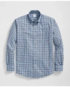 Brooks Brothers Stretch Supima Cotton Non-iron Twill Polo Button Down Collar Windowpane Shirt In Light Blue