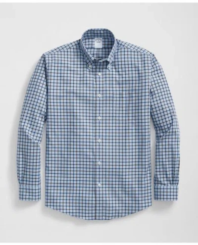 Brooks Brothers Stretch Supima Cotton Non-iron Twill Polo Button Down Collar Windowpane Shirt In Light Blue