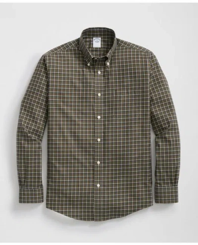 Brooks Brothers Stretch Supima Cotton Non-iron Twill Polo Button Down Collar Windowpane Shirt In Olive