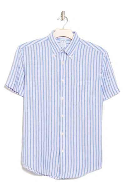 Brooks Brothers Stripe Linen Short Sleeve Button Down Shirt In Blue