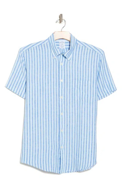 Brooks Brothers Stripe Linen Short Sleeve Button Down Shirt In Turquoise Blue Stripe