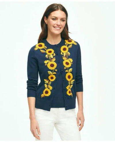 Brooks Brothers Sunflower Embroidered Cardigan In Supima Cotton Sweater | Navy | Size Small