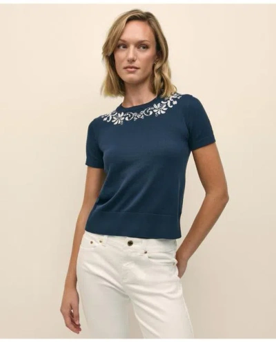 Brooks Brothers Supima Cotton Embroidered Short-sleeve Sweater In Navy