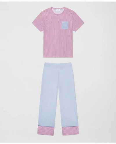 Brooks Brothers T-shirt Pajamas Set In Oxford Fun Stripe In Burgundy