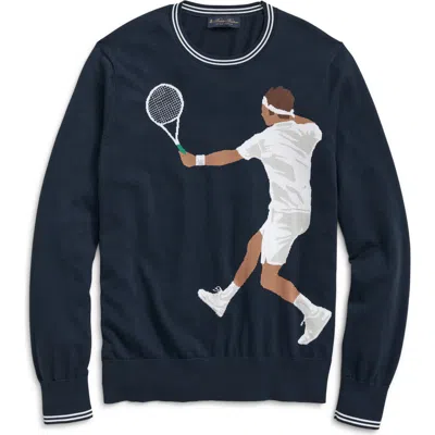 Brooks Brothers Tennis Intarsia Crewneck Sweater In Navy Tennis Player
