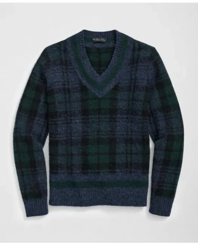 Brooks Brothers Tennis Sweater In Black Watch Brushed Wool In Navy