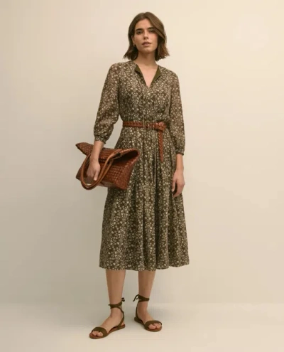 Brooks Brothers Tie-neck Pleated Floral-trellis Print Dress In Brown