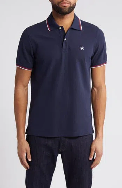 Brooks Brothers Tipped Zip Cotton Knit Piqué Polo In Navy Blazer