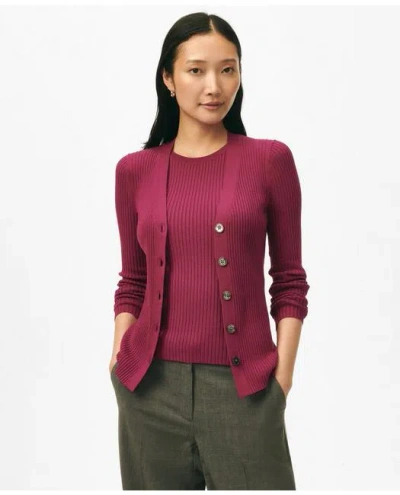 Brooks Brothers Twinset Silk Blend Ribbed V-neck Cardigan Sweater In Magenta