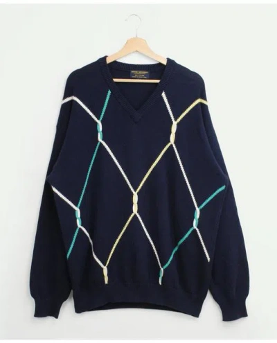 Brooks Brothers Vintage Nautical Rope Motif V-neck Cable Knit Sweater, 1990s, Xl | Navy In Blue