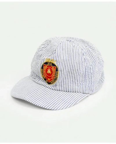 Brooks Brothers Vintage Seersucker Embroidered Crest Fitted Cap, 1980s, Xl | White/blue In White,blue