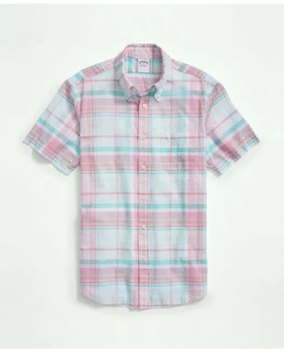 Brooks Brothers Washed Cotton Madras Button-down Collar Short-sleeve Sport Shirt In Blue