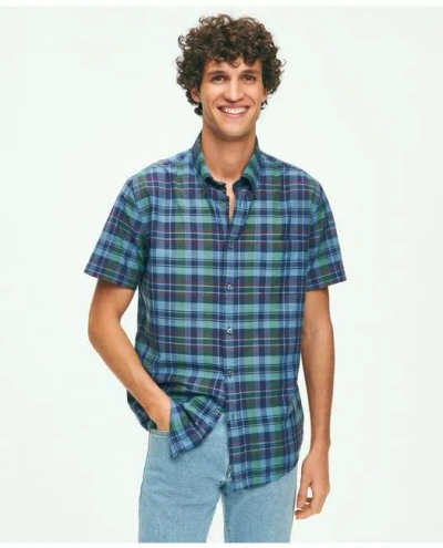 Brooks Brothers Washed Cotton Madras Short Sleeve Button-down Collar Sport Shirt In Dark Blue