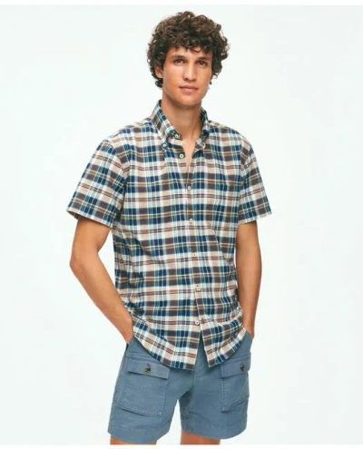 Brooks Brothers Washed Cotton Madras Short Sleeve Button-down Collar Sport Shirt In Light Brown