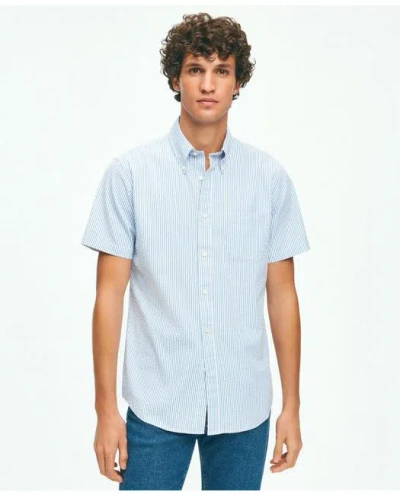 Brooks Brothers Washed Cotton Seersucker Button-down Collar, Stripe Short-sleeve Sport Shirt In Blue