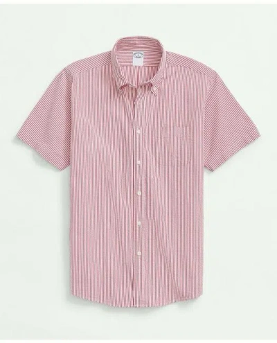 Brooks Brothers Washed Cotton Seersucker Button-down Collar, Stripe Short-sleeve Sport Shirt | Red | Size Medium