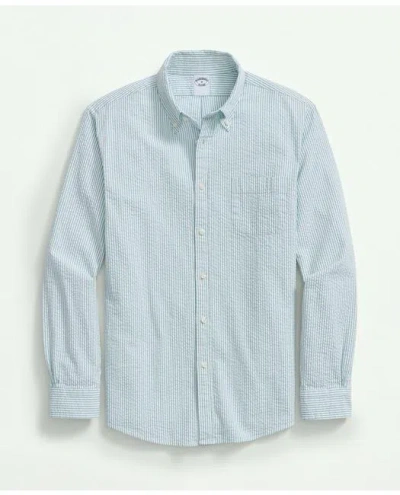 Brooks Brothers Washed Cotton Seersucker Button-down Collar, Stripe Sport Shirt In Marine Blue