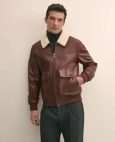 Brooks Brothers Washed Leather Bomber Jacket With Shearling Collar In Brown