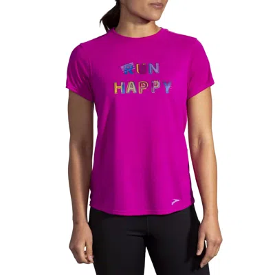 Brooks Distance Graphic Short Sleeve Tee In Heather Magenta/run Happy In Brown