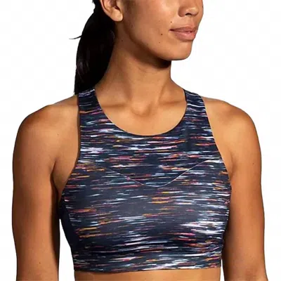 Brooks Drive 3 Pocket Run Sports Bra In Sundial Velocity Print In Blue