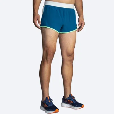 Brooks Sherpa 3" Split Short In Dark Ocean/ Grey Skies/ Neo Green In Blue