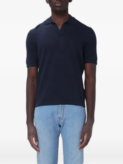 Brooksfield Bowling-collar Linen T-shirt In Blue