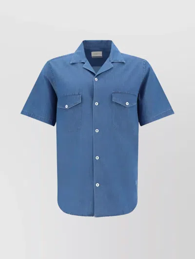 Brooksfield Cotton Cuban Collar Shirt With Monochrome Pattern In Blue