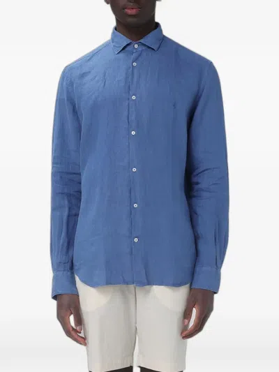 Brooksfield Embroidered-logo Linen Shirt In Blue