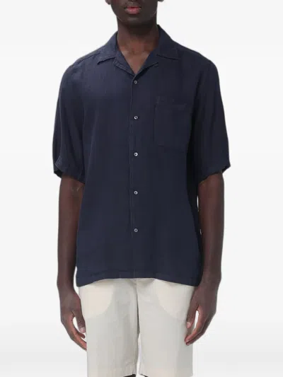 Brooksfield Linen Bowling Shirt In Blue