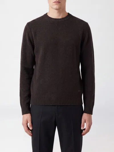 Brooksfield Men's Pure Wool Crew-neck Jumper With Ribbed Trims In Brown