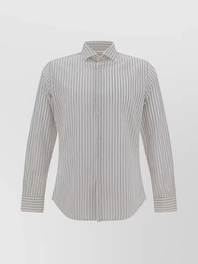 Brooksfield Vertical Stripe Cotton Shirt With Cuffed Sleeves In Neutral