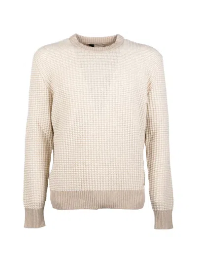 Brooksfield Waffle-knit Crew-neck Sweater In White