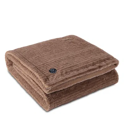 Brookstone Fine Lines Faux Fur Heated Blanket In Brown