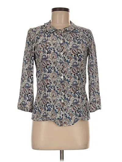 Pre-owned Brora 3/4 Sleeve Silk Top Blue Paisley Pattern Mock Neckline Tops