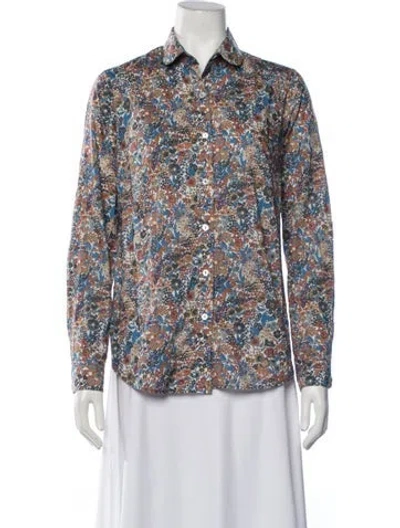 Pre-owned Brora Floral Print Long Sleeve Button-up Top In Blue