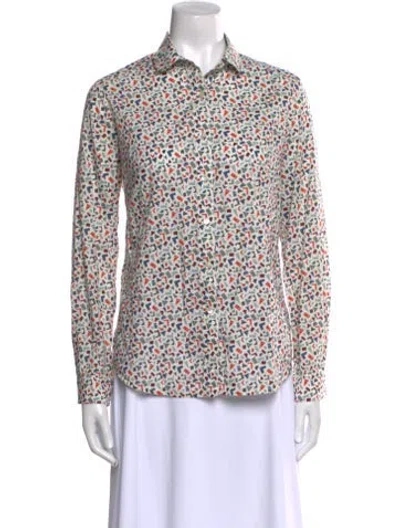 Pre-owned Brora Floral Print Long Sleeve Button-up Top In White