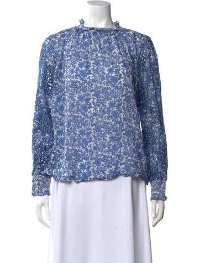 Pre-owned Brora Floral Print Mock Neck Blouse In Blue