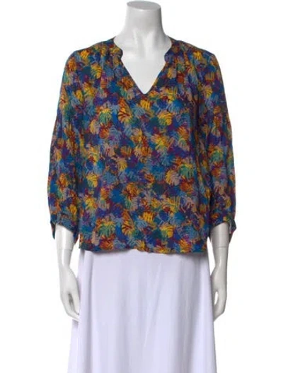 Pre-owned Brora Floral Print V-neck Blouse In Blue
