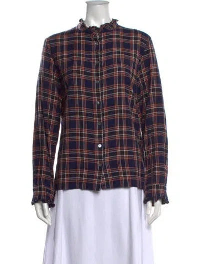 Pre-owned Brora Plaid Print Long Sleeve Blouse In Blue