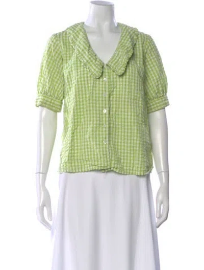 Pre-owned Brora Plaid Print V-neck Blouse In Green
